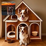 A fluffy dog with striking blue eyes poses happily on a path during a breathtaking sunset, with vibrant orange and yellow hues painting the sky behind a vast field.