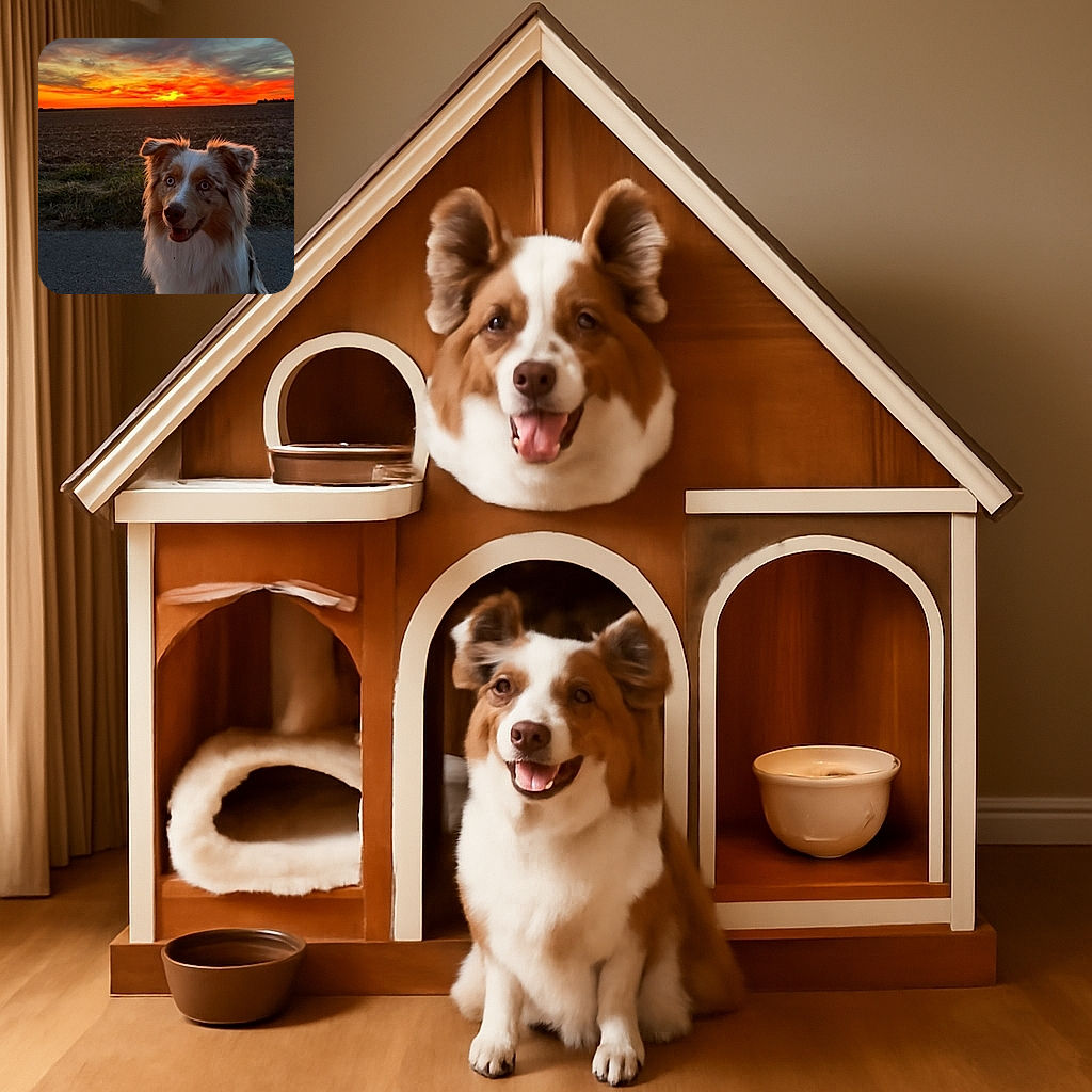 A fluffy dog with striking blue eyes poses happily on a path during a breathtaking sunset, with vibrant orange and yellow hues painting the sky behind a vast field.