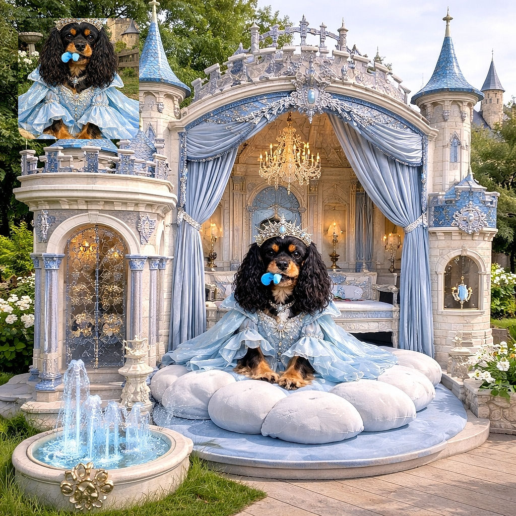 A regal little dog dressed like royalty: glittering tiara, jeweled necklace and a Cinderella-blue gown, proudly holding a tiny blue plush in its mouth while a storybook castle and garden sit in the background — pure canine fairytale with slightly muddy paws.