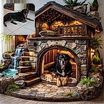 A relaxed black and brown dog with striking blue eyes lounges comfortably on a clean tiled floor, tongue out in a happy pant, with a cozy indoor setting in the background featuring furniture and a doorway.
