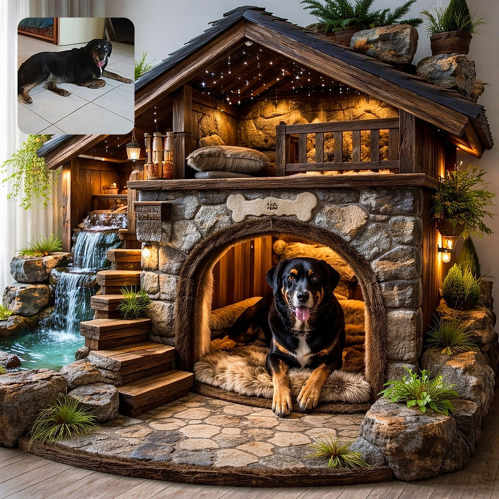 A relaxed black and brown dog with striking blue eyes lounges comfortably on a clean tiled floor, tongue out in a happy pant, with a cozy indoor setting in the background featuring furniture and a doorway.
