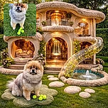 A fluffy Pomeranian dog stands on lush green grass with a curious and slightly cheeky expression, its tiny tongue peeking out. In front of it, four bright yellow tennis balls are scattered, hinting at a playful game about to begin. The background shows a chain-link fence, suggesting a backyard setting.