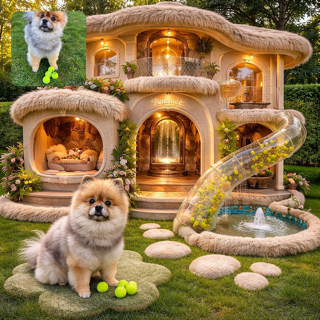 A fluffy Pomeranian dog stands on lush green grass with a curious and slightly cheeky expression, its tiny tongue peeking out. In front of it, four bright yellow tennis balls are scattered, hinting at a playful game about to begin. The background shows a chain-link fence, suggesting a backyard setting.