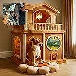 A medium-sized brown and white dog sits patiently on a worn-out car seat cover in the backseat of a vehicle, looking out the window. In the foreground, a person wearing a black hoodie and a white cap with red lettering is partially visible, driving the car. The interior of the car shows signs of heavy use with torn seat covers.