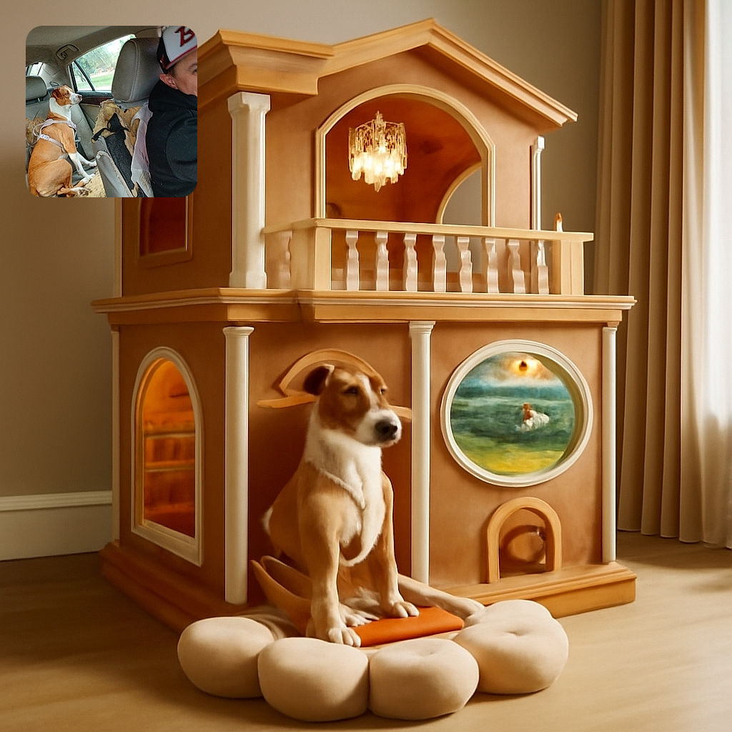 A medium-sized brown and white dog sits patiently on a worn-out car seat cover in the backseat of a vehicle, looking out the window. In the foreground, a person wearing a black hoodie and a white cap with red lettering is partially visible, driving the car. The interior of the car shows signs of heavy use with torn seat covers.