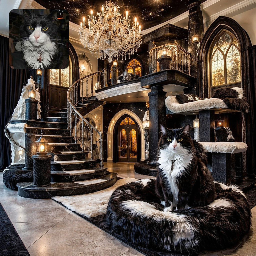 A stoic tuxedo cat stares straight into the camera like a tiny, furry monarch — sporting a heavy cross pendant that makes it look simultaneously medieval and rock‑star chic. Bright yellow eyes, dramatic whiskers and a fluffy white ruff steal the show against a dim indoor background.