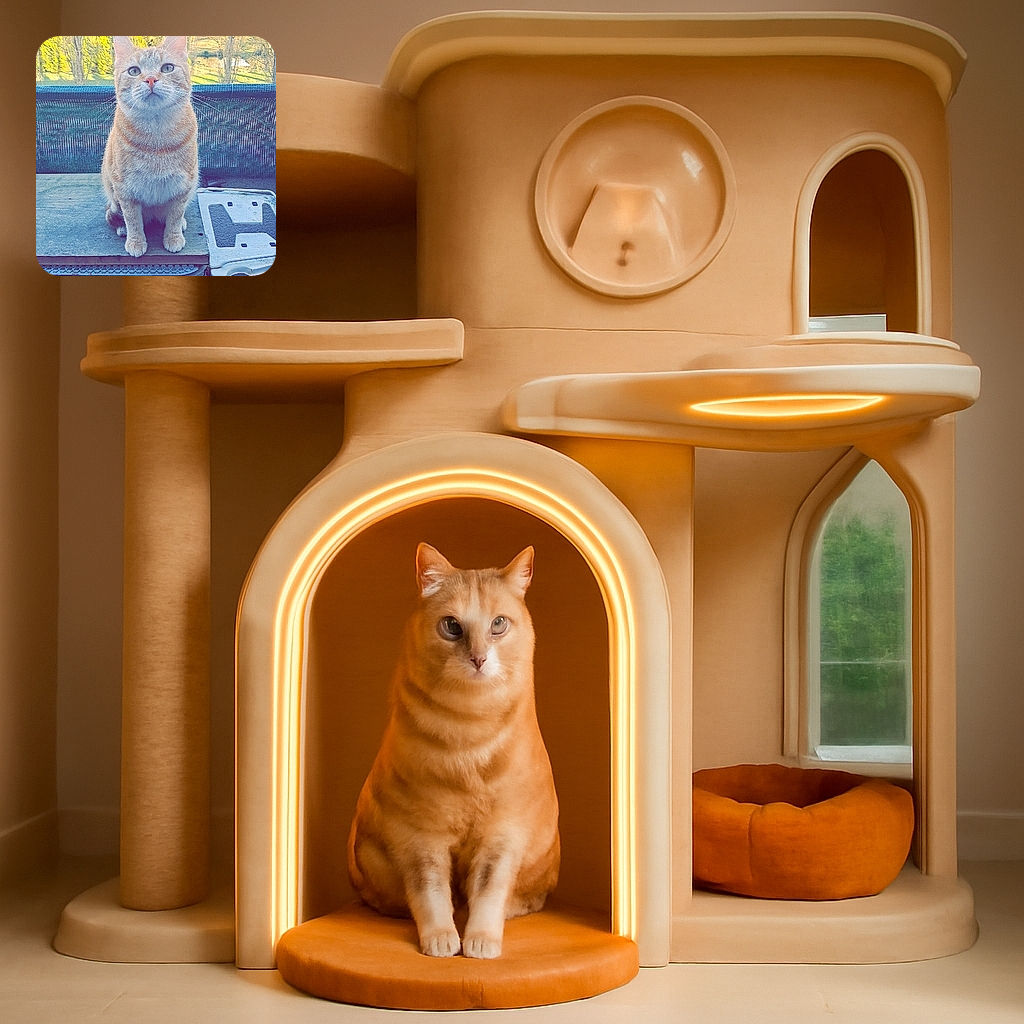 A curious orange tabby cat sits attentively on a wooden surface outdoors, with a soft natural background of trees and sunlight creating a warm atmosphere. The cat's eyes are wide open, giving it an inquisitive and adorable expression.