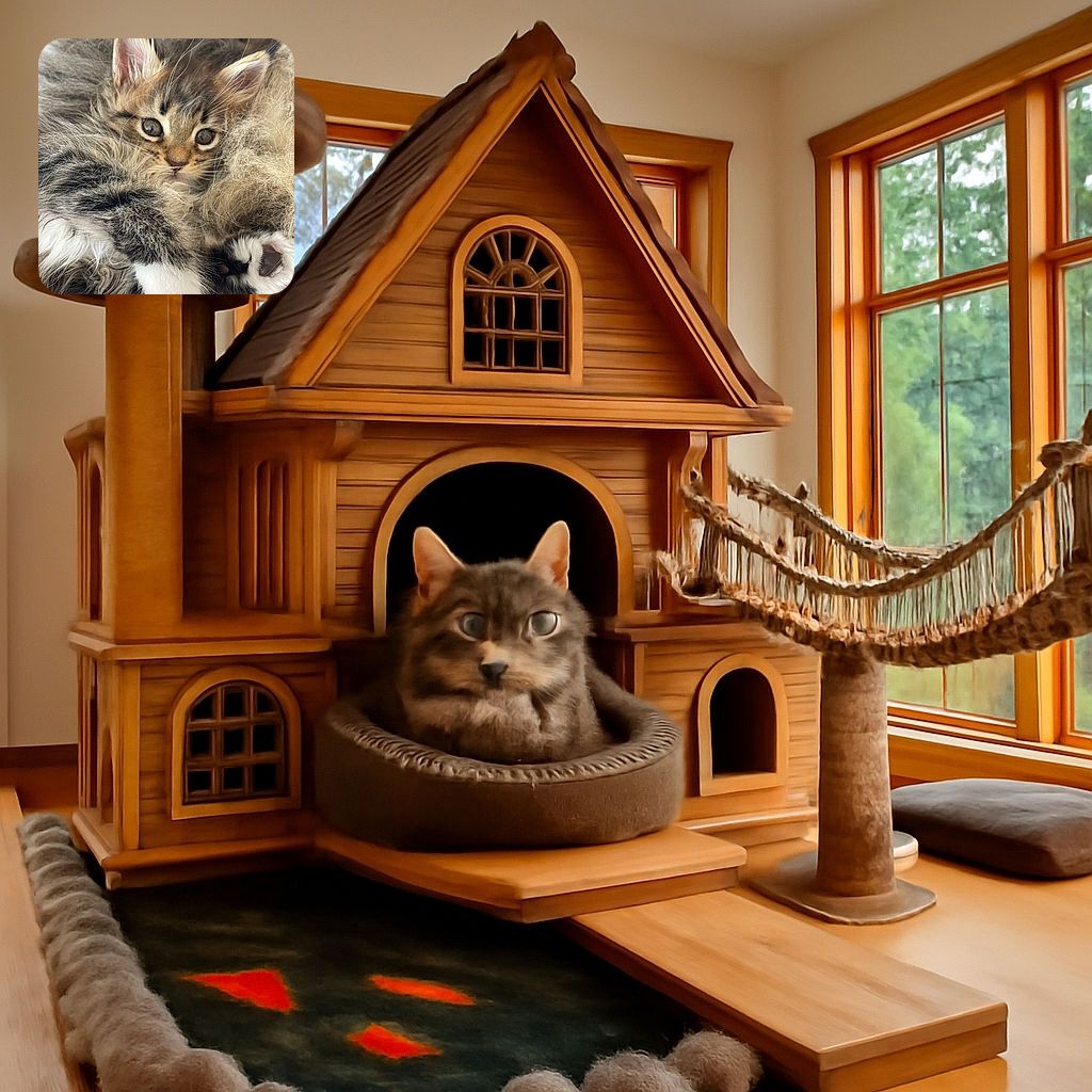 A fluffy tabby kitten with big curious eyes is cozily nestled in a pile of soft fur, stretching out a paw as if inviting you to join the cuddle party.