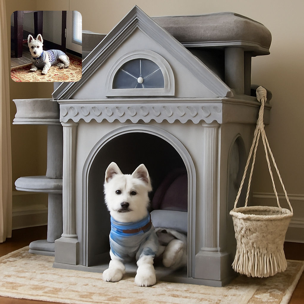 A small white dog wearing a cozy patterned sweater is lying on a decorative rug near a door with blinds, giving a calm and slightly curious look. The background includes dark wooden furniture and a softly lit room.