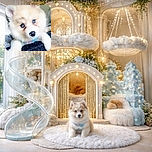 A fluffy puppy with striking blue eyes stares adorably into the camera, resting its paws on a dark textured surface, with a soft, cozy indoor background featuring a framed picture.