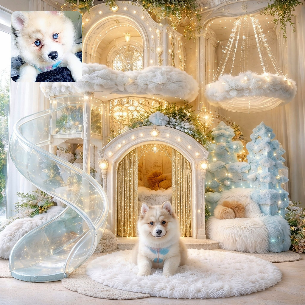A fluffy puppy with striking blue eyes stares adorably into the camera, resting its paws on a dark textured surface, with a soft, cozy indoor background featuring a framed picture.