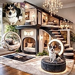 A small dog with large, expressive eyes and perky ears looks up eagerly from a carpeted floor, its tail a blur of wagging excitement. The close-up shot captures the dog's tricolor coat and curious personality perfectly.
