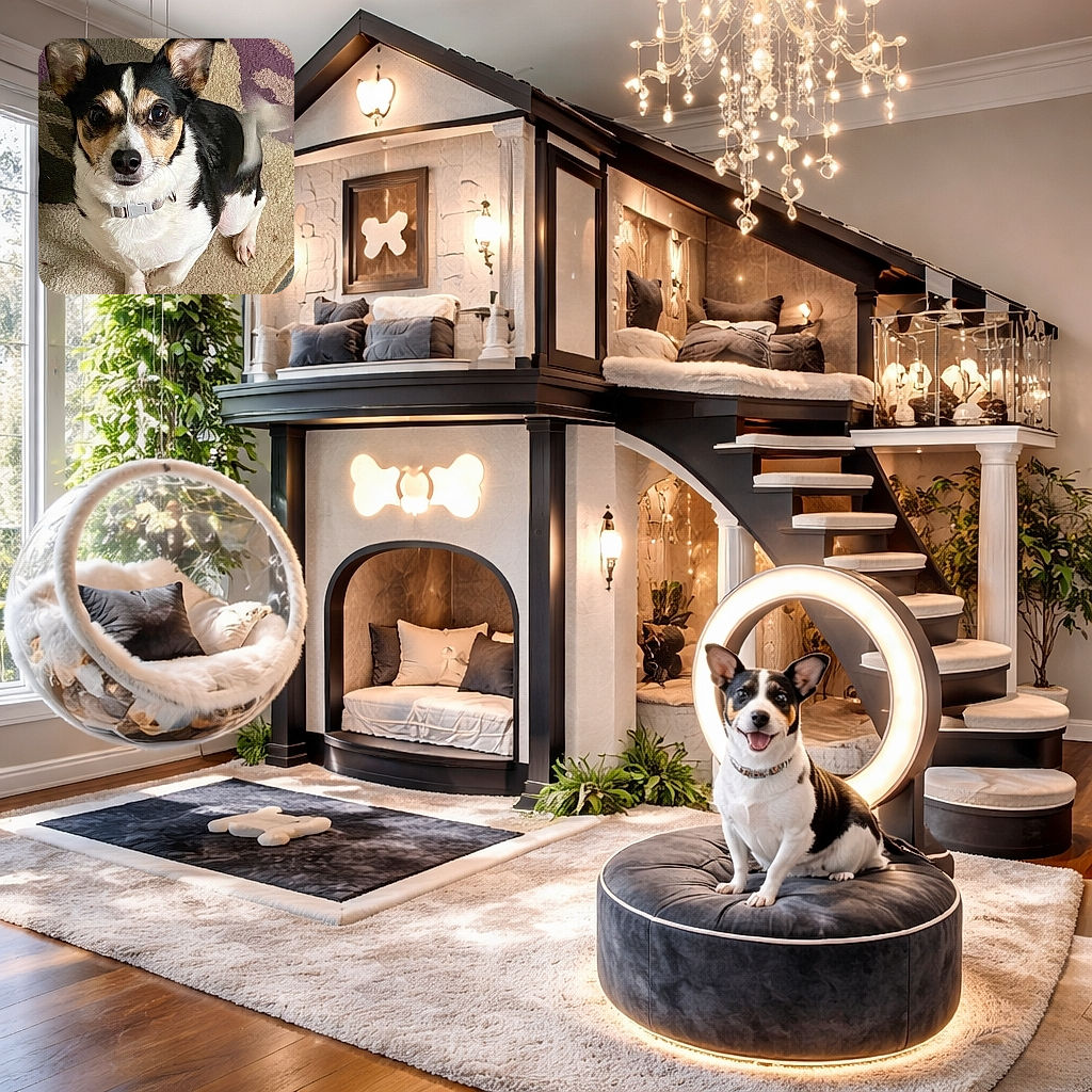A small dog with large, expressive eyes and perky ears looks up eagerly from a carpeted floor, its tail a blur of wagging excitement. The close-up shot captures the dog's tricolor coat and curious personality perfectly.