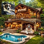 A large, fluffy Saint Bernard dog lounges comfortably in the backseat of a car, looking directly at the camera with soulful eyes. The car interior is clean, and the green scenery outside the windows adds a fresh, natural backdrop.