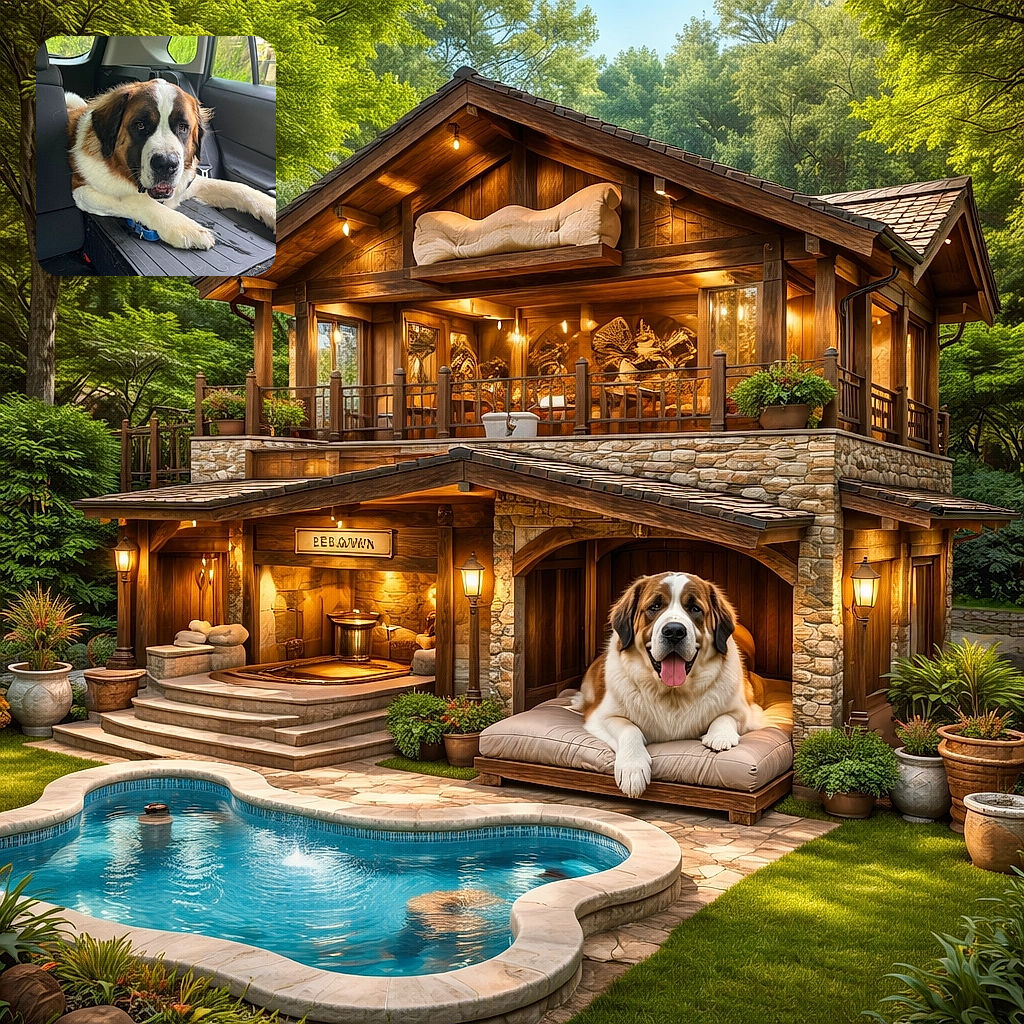 A large, fluffy Saint Bernard dog lounges comfortably in the backseat of a car, looking directly at the camera with soulful eyes. The car interior is clean, and the green scenery outside the windows adds a fresh, natural backdrop.