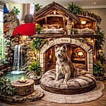 A cozy indoor scene where a large, fluffy dog sits upright on a man's lap, both facing away from the camera. The man, in a bright red shirt, embraces the dog while a TV and a leafy plant decorate the background. Light streams softly through a decorative glass door, adding warmth to the moment.