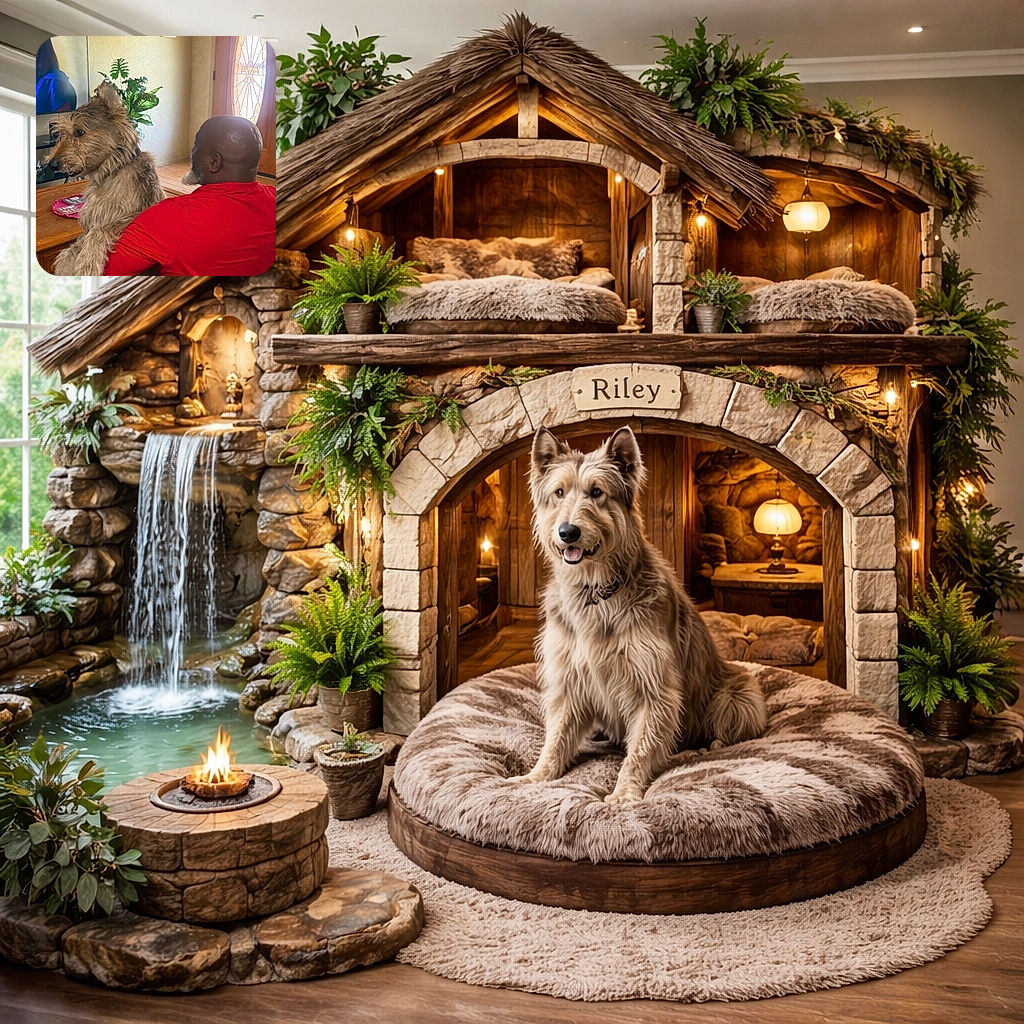 A cozy indoor scene where a large, fluffy dog sits upright on a man's lap, both facing away from the camera. The man, in a bright red shirt, embraces the dog while a TV and a leafy plant decorate the background. Light streams softly through a decorative glass door, adding warmth to the moment.