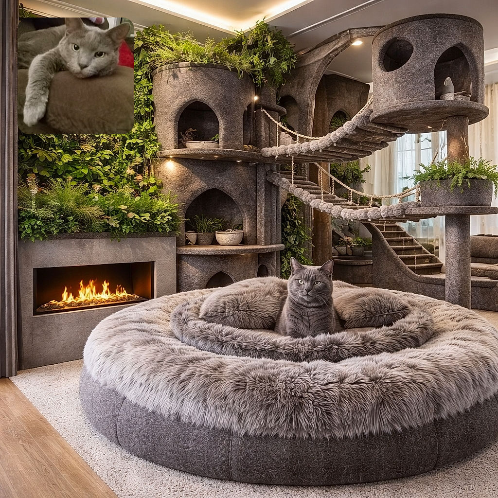 A chonky grey cat is sprawled across a brown cushion with one paw flopped forward like it owns the sofa. The close-up is slightly soft-focus, showing the cat's weary, judgmental stare and prominent whiskers; a red-and-white checkered blanket and living-room furniture sit blurred in the background. Cozy, domestic, and quietly unimpressed.