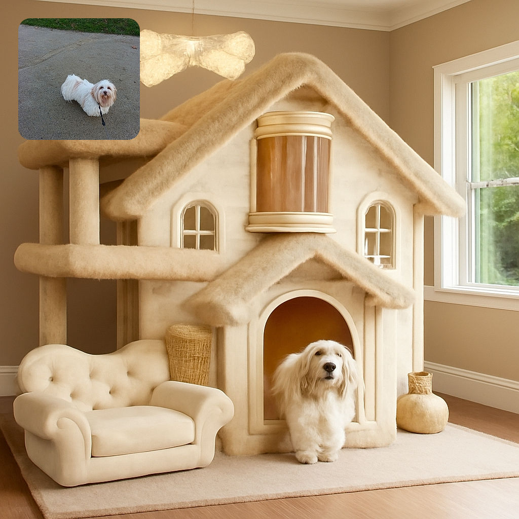 A fluffy white dog with a hint of cream looks up expectantly while standing on a gravel path, leash attached, with green grass in the background—ready for a walk or maybe just posing for a candid doggy portrait.