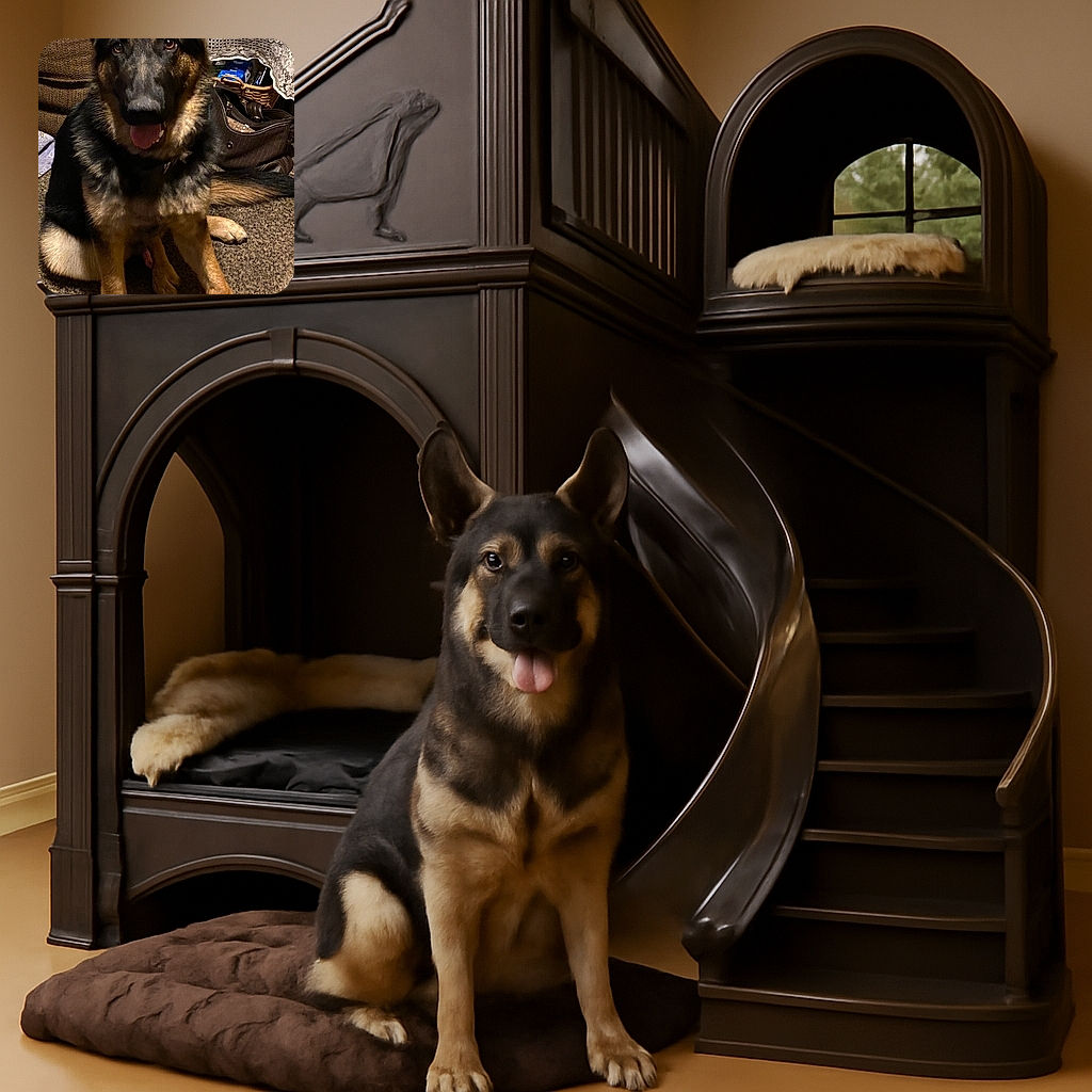 A happy German Shepherd sitting on a carpet indoors, tongue out and ears perked up, surrounded by cozy household items like a brown couch, a lace-covered table, and a basket with various objects.