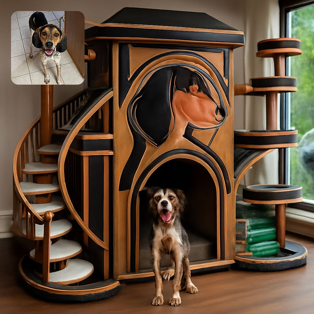 A happy, attentive dog with big floppy ears and a spotted coat stands on a tiled floor looking up with bright, eager eyes and a wide smile, as if ready for a game or a treat.