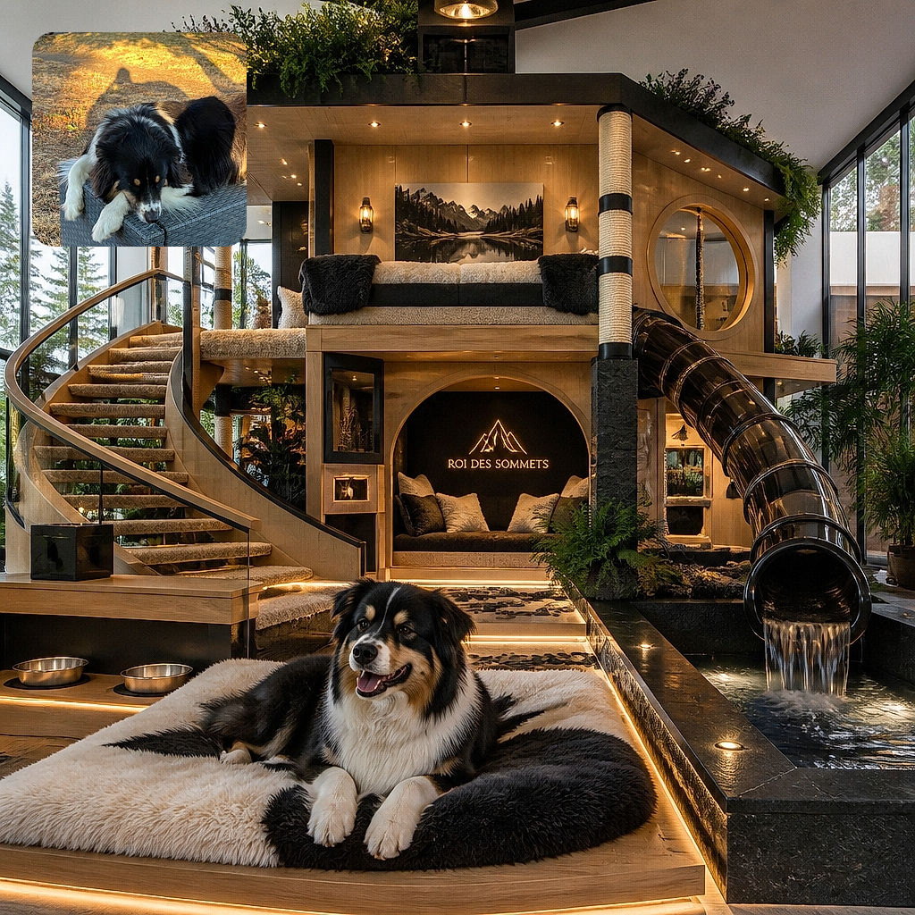 A fluffy black, white, and tan dog is sprawled across a wicker outdoor seat, looking so sleepy and comfortable that it appears to have personally claimed the entire patio as its kingdom. Warm sunset light and a giant shadow add a dramatic movie-poster effect.