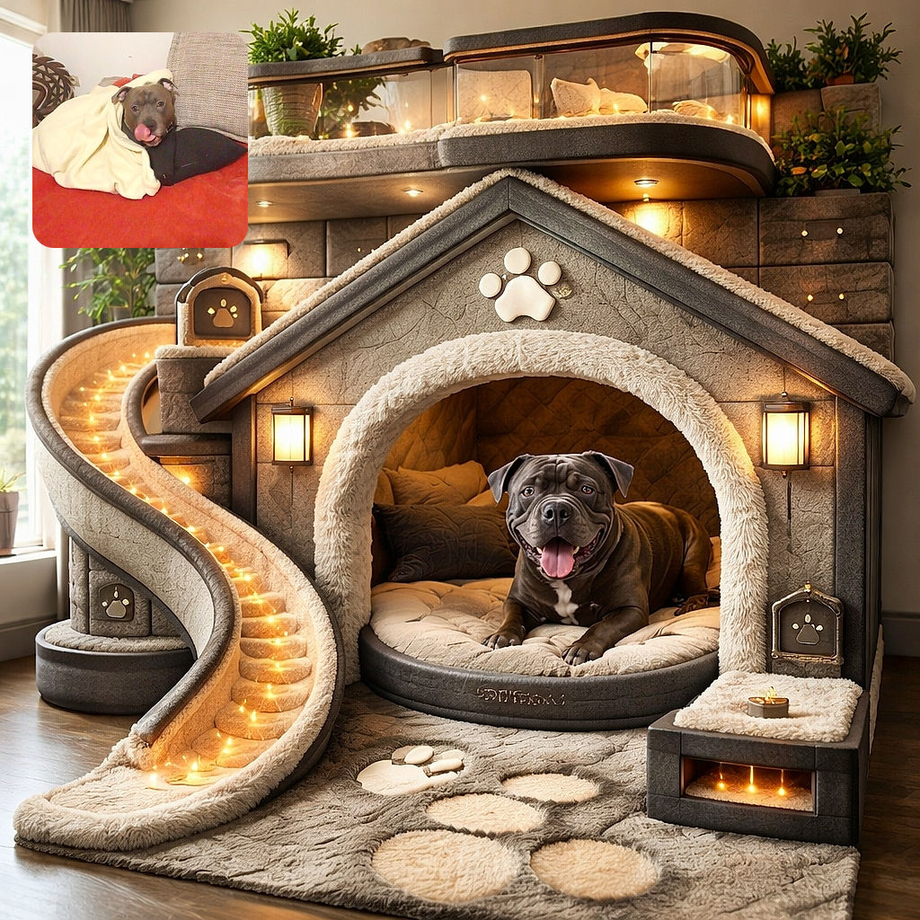 A cozy burrito-dog situation: a gray-brown pup wrapped in a cream blanket on a red couch, mid-lick with a comically content face peeking out between pillows — equal parts adorable and snack-hunting mischief.