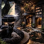 A sleek black cat with bright, curious eyes sits attentively on a couch next to a tattooed leg, casting a mysterious yet adorable vibe in a cozy indoor setting.