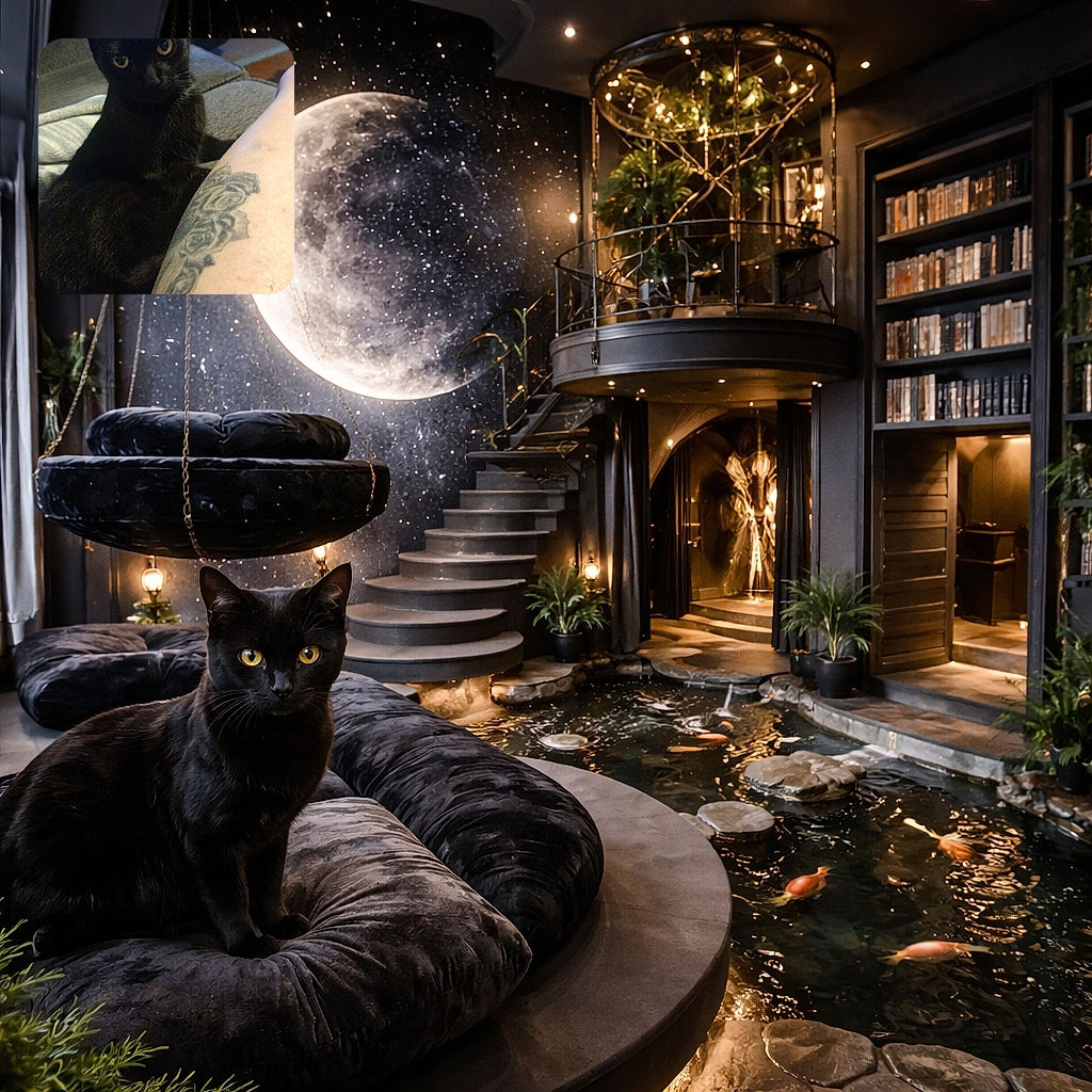 A sleek black cat with bright, curious eyes sits attentively on a couch next to a tattooed leg, casting a mysterious yet adorable vibe in a cozy indoor setting.