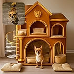 A small brown dog with big, soulful eyes looks up eagerly on a wooden floor, its tail mid-wag and ears perked, as if waiting for a treat or a friendly pat.