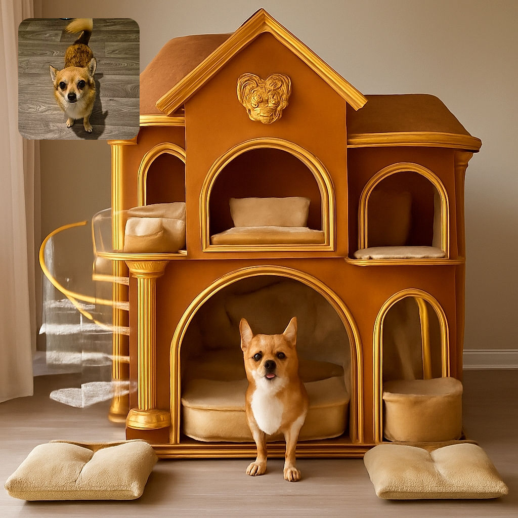 A small brown dog with big, soulful eyes looks up eagerly on a wooden floor, its tail mid-wag and ears perked, as if waiting for a treat or a friendly pat.