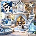 An adorable fluffy puppy sporting a classy navy blue bow tie poses cutely against a cozy blue backdrop with a star-shaped pillow and playful toys, radiating charm and mischief.