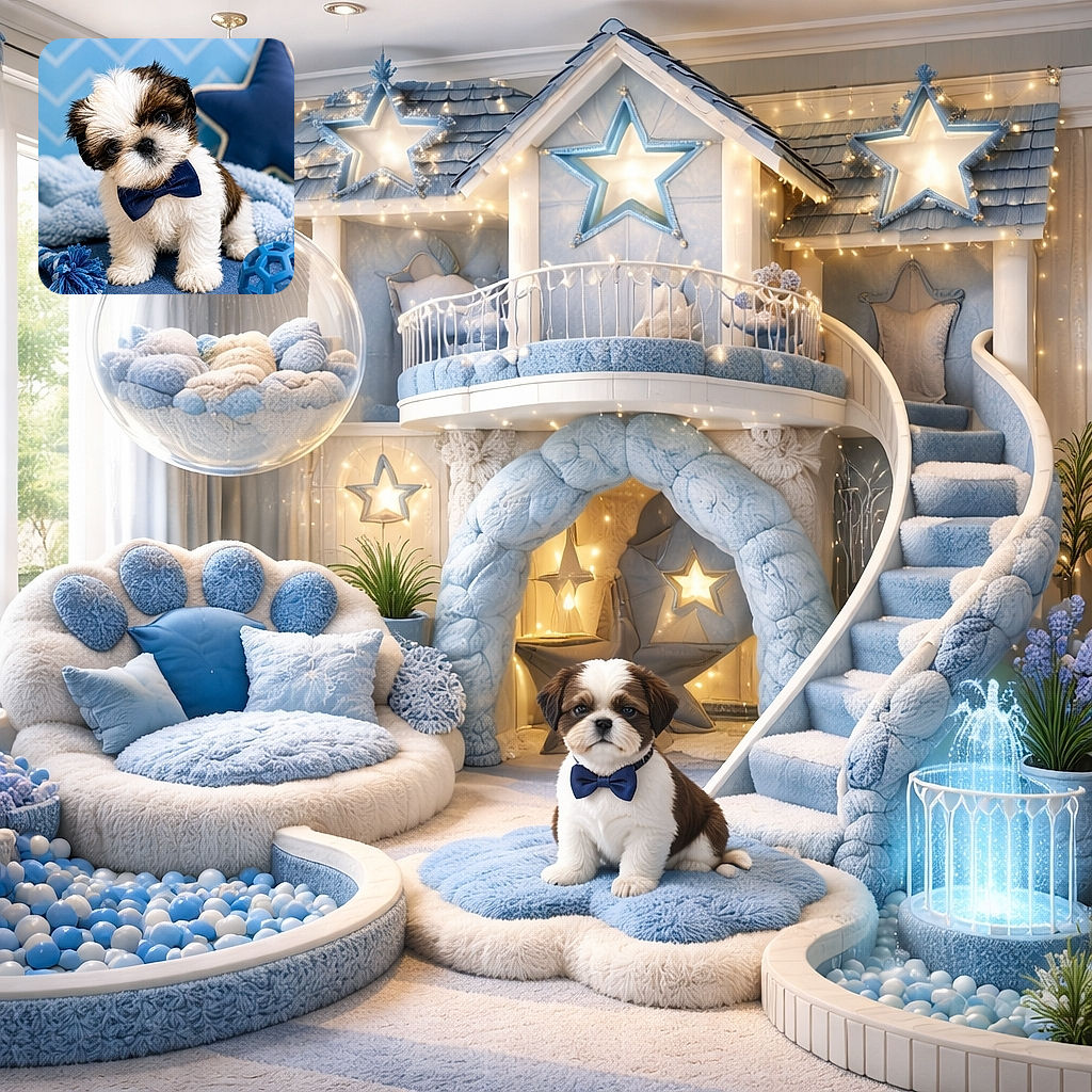 An adorable fluffy puppy sporting a classy navy blue bow tie poses cutely against a cozy blue backdrop with a star-shaped pillow and playful toys, radiating charm and mischief.