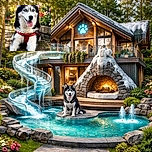 A striking Siberian Husky with piercing blue eyes lounges on a garden path, wearing a vibrant red harness. The background bursts with colorful flowers and soft sunlight, creating a warm, cheerful atmosphere that perfectly frames the happy dog.