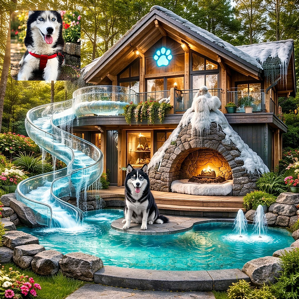A striking Siberian Husky with piercing blue eyes lounges on a garden path, wearing a vibrant red harness. The background bursts with colorful flowers and soft sunlight, creating a warm, cheerful atmosphere that perfectly frames the happy dog.