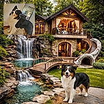 A striking tricolor dog with piercing blue eyes stands alert on a tiled floor inside a cozy home, glancing upwards as if pondering the mysteries of the universe or waiting for a treat. The background reveals a bathroom with various toiletries and a slightly ajar door, adding a casual, lived-in vibe to the scene.