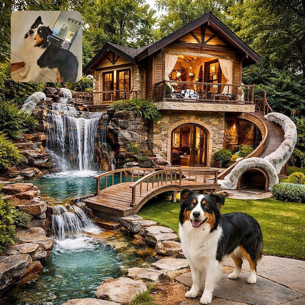 A striking tricolor dog with piercing blue eyes stands alert on a tiled floor inside a cozy home, glancing upwards as if pondering the mysteries of the universe or waiting for a treat. The background reveals a bathroom with various toiletries and a slightly ajar door, adding a casual, lived-in vibe to the scene.