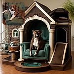 A relaxed dog lounges on a vintage green armchair, looking straight at the camera with a calm and slightly serious expression, blending into the cozy living room setting.