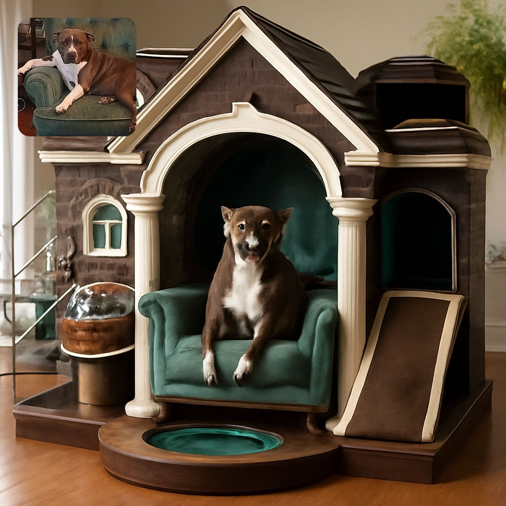 A relaxed dog lounges on a vintage green armchair, looking straight at the camera with a calm and slightly serious expression, blending into the cozy living room setting.