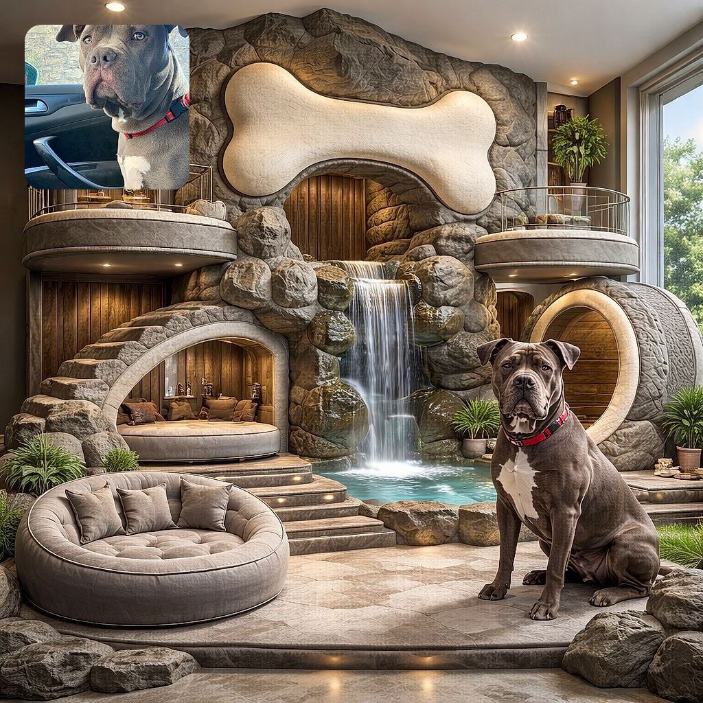 A dignified gray dog with a red collar sits in the car passenger seat, staring out with the solemn expression of a canine who judges your parking decisions. The close-up captures his wrinkled muzzle, shiny eyes and folded ears; the car interior and a stone wall outside form a muted background — he looks ready to accept treats or file a formal complaint.
