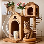 A curious spotted cat stands on a wooden table, posing like a tiny jungle explorer with a backdrop of elegant pink and white roses in a textured vase, adding a touch of floral sophistication to the scene.