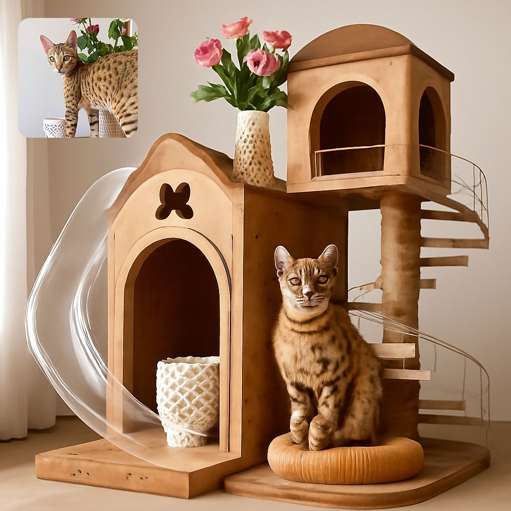 A curious spotted cat stands on a wooden table, posing like a tiny jungle explorer with a backdrop of elegant pink and white roses in a textured vase, adding a touch of floral sophistication to the scene.