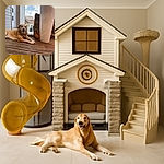 A relaxed golden dog lounges on a wooden deck next to a curious brown rabbit peeking out beside a tall white planter with purple flowers, under a bright blue sky with fluffy clouds.