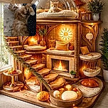 A fluffy orange tabby cat lies on its back on a floral bedspread, stretching its paws out as if reaching for the stars on the nearby dark fabric with colorful star patterns. The cat's curious eyes and whiskers are the main focus, creating a cozy and relaxed vibe.