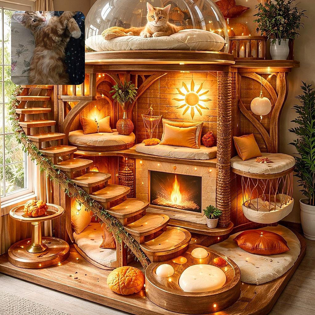 A fluffy orange tabby cat lies on its back on a floral bedspread, stretching its paws out as if reaching for the stars on the nearby dark fabric with colorful star patterns. The cat's curious eyes and whiskers are the main focus, creating a cozy and relaxed vibe.