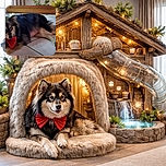 A fluffy dog in a giant red bow lounges like a sleepy holiday supervisor, giving the camera a slow, unimpressed glare while a tiny Christmas tree sparkles in the background.