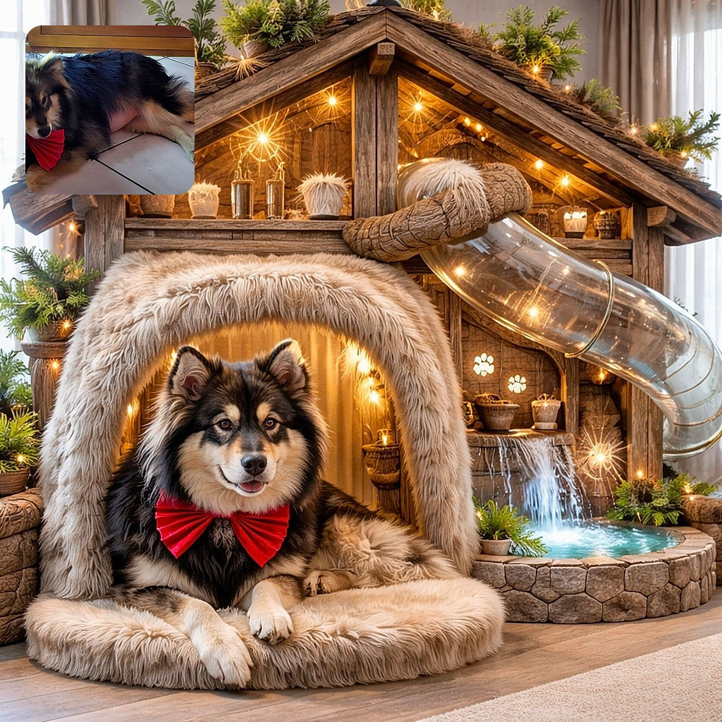 A fluffy dog in a giant red bow lounges like a sleepy holiday supervisor, giving the camera a slow, unimpressed glare while a tiny Christmas tree sparkles in the background.