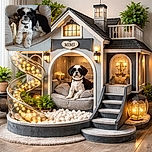 A small black-and-white dog lounges like royalty in a soft grey bed, staring straight at the camera with toy remnants at paw — the tiny tag and collar adding official 'nap time' credentials while a yellow stuffed duck lies on the tiled floor below.