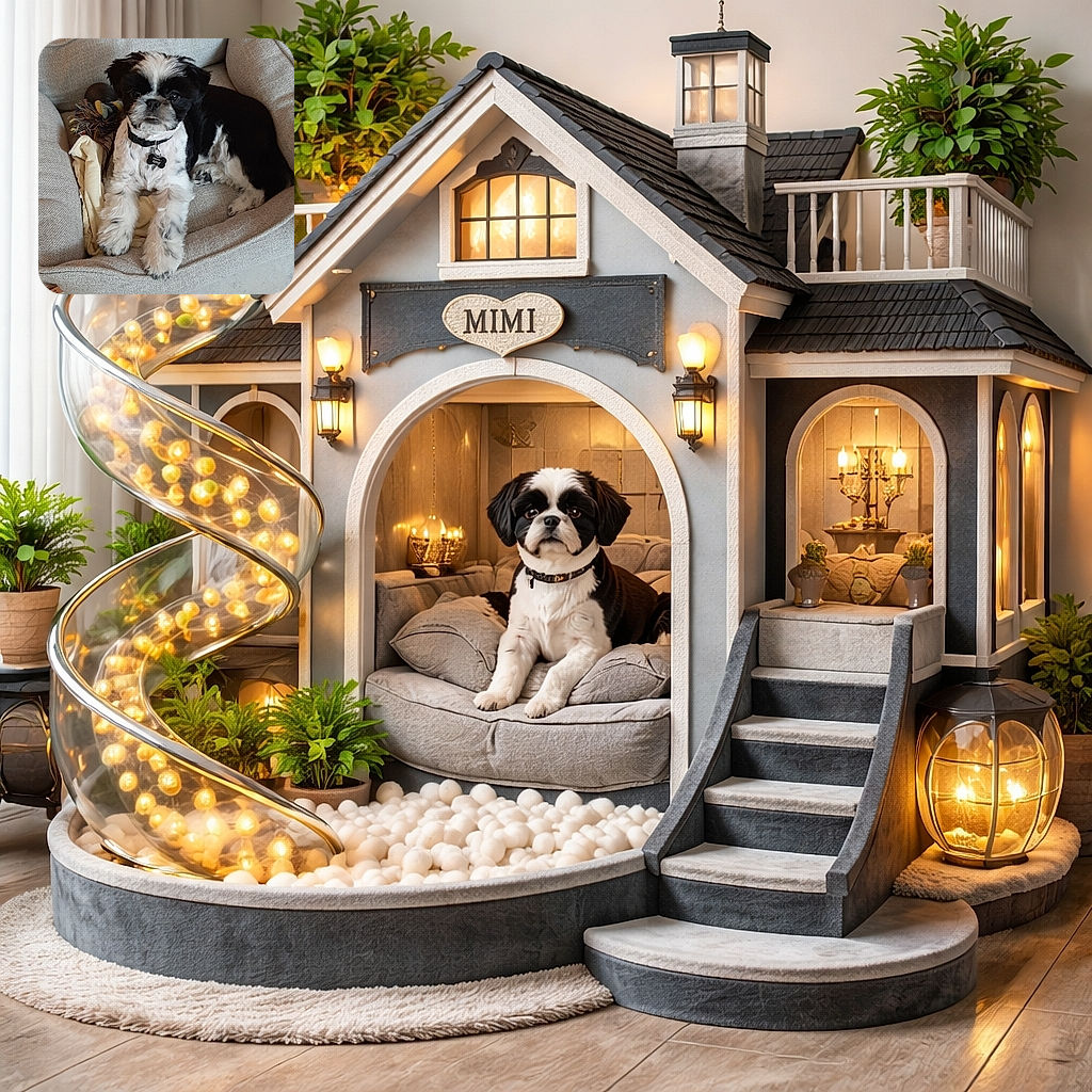 A small black-and-white dog lounges like royalty in a soft grey bed, staring straight at the camera with toy remnants at paw — the tiny tag and collar adding official 'nap time' credentials while a yellow stuffed duck lies on the tiled floor below.