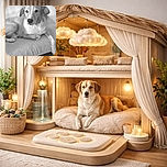 A calm dog lounges comfortably on a patterned couch, looking attentively at the camera with a soft-focus background that enhances the cozy home vibe.